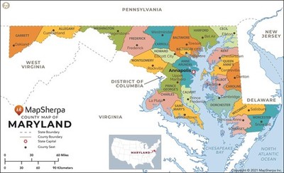 Maryland Counties Map - Large - 48'' x 29.25'' Laminated