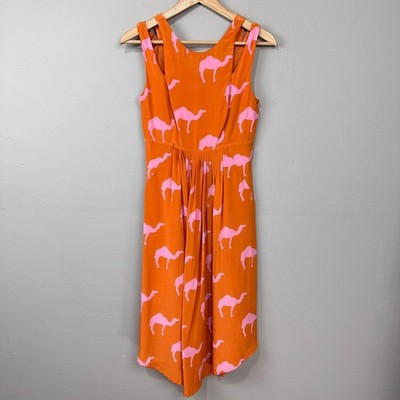 Anthropologie Charlotte Taylor Silk Dress Womens Sz 0 Camel Orange Pink Pleated