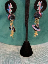 VTG Goldtone Signed Lunch At The Ritz Saturn Stars  Dangle Pierced Earrings RARE