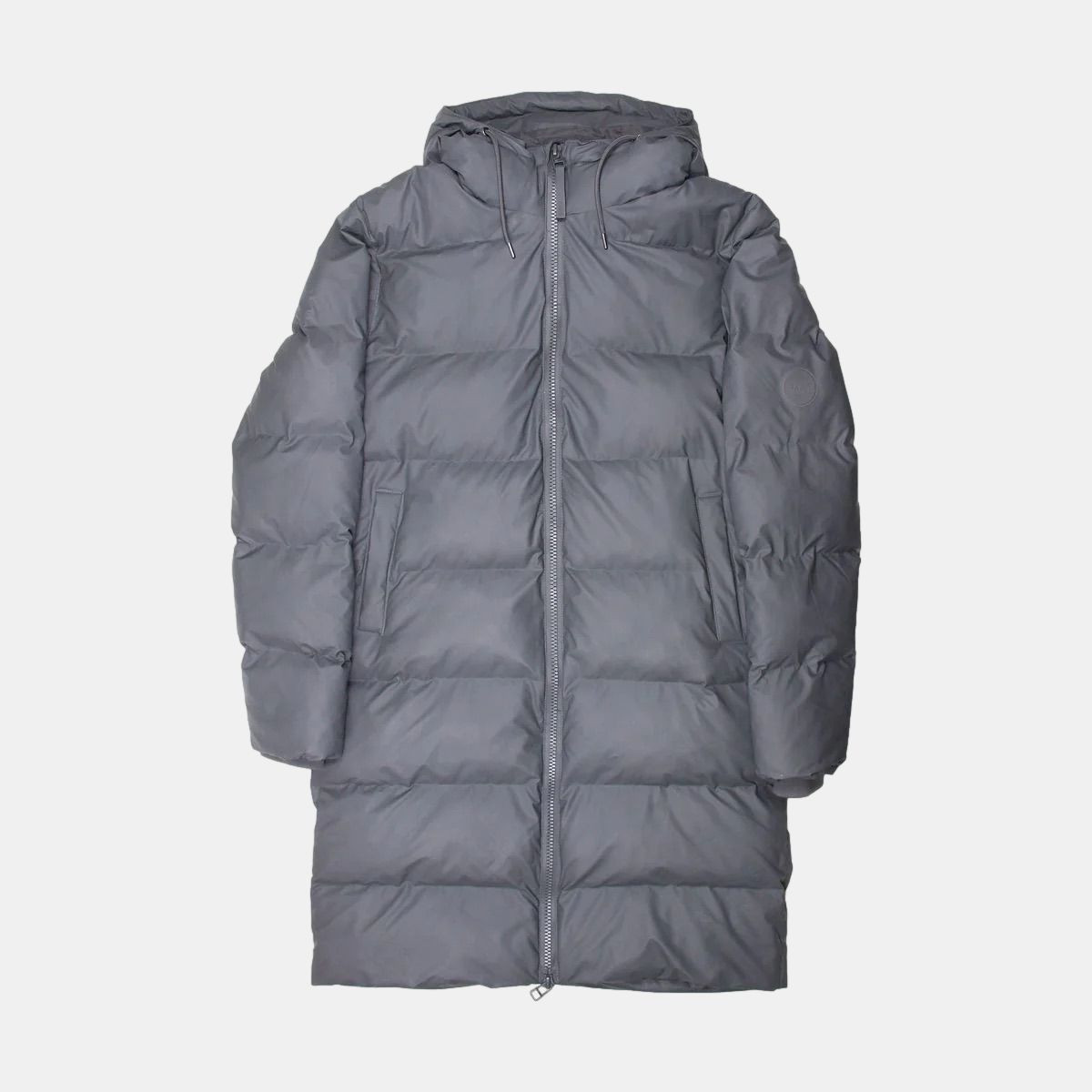 Rains Mid-Length Grey Polyurethane Puffer Jacket for Men Size S