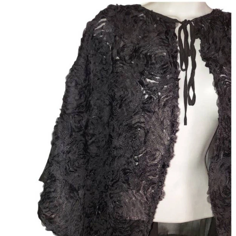 RUYI черный чистый шифоновое текстурированный цветочный открытый стороны галстук спереди вечер плащ | OS - Изображение 4 из 4