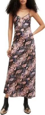 AllSaints Bryony Tahoe Black Purple Beige Reptile Print Midi Slip Dress sz 8