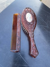 Avon Cameo Hair Brush & Comb Set Faux Tortoise Shell Amber Lucite Vtg