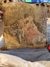 Vintage Tapestry Pillow French Country Lovers Romantic Couple 18"X 18" w tassels