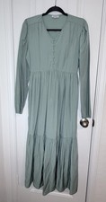 Women’s Indie & Co Sage Green Tiered Maxi Dress Button Top Sz S V-neck