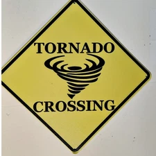Tornado Crossing Tin Sign – 11" x 11" – Yellow Diamond Warning Plaque