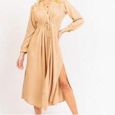 Area Stars Tan Midi Drawstring Waist Shirt Dress Medium