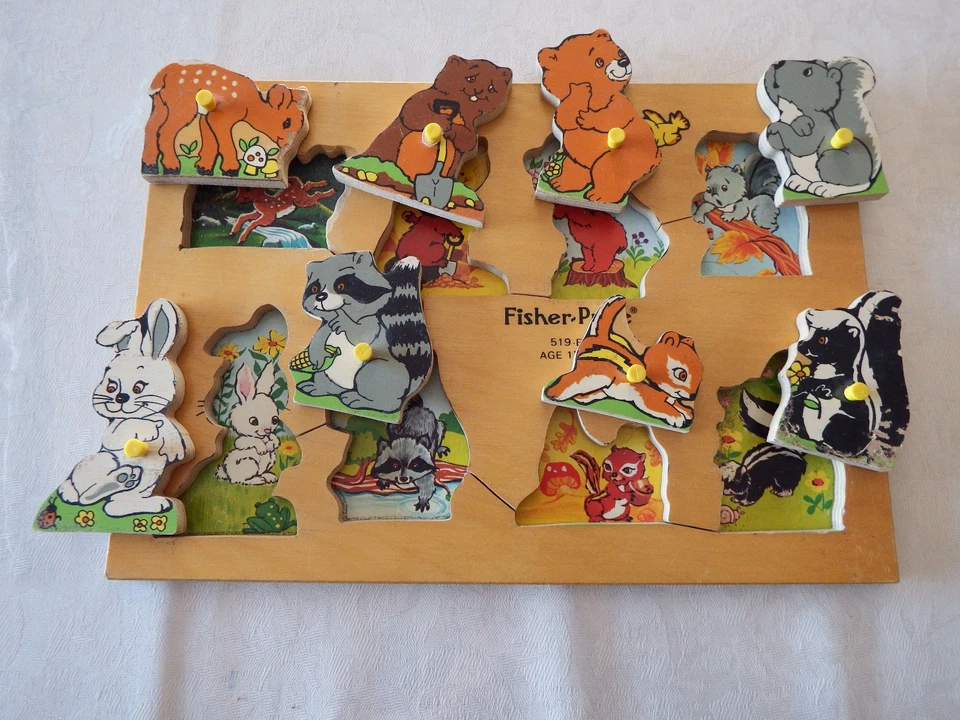Ancien Puzzle en Bois Fisher Price " Animaux De La Forêt " Années 70 Vintage - Photo 2/4