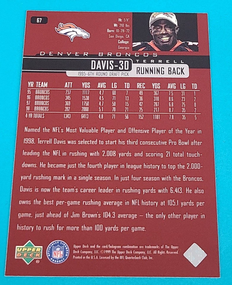 1999 Upper Deck #67 Terrell Davis Denver Broncos FOOTBALL Card R6 | eBay