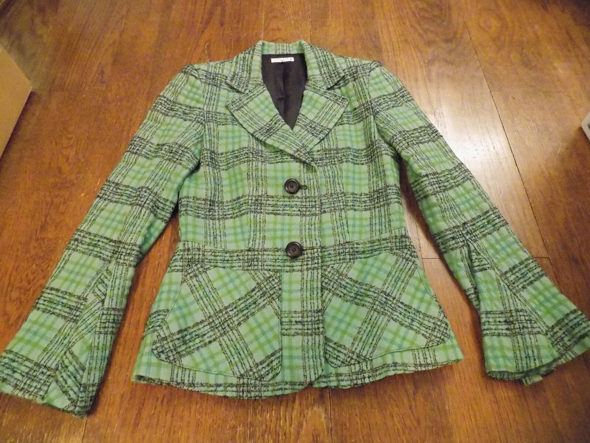 ALLEGRA HICKS Cotton Green Plaid Black Metallic Blazer Silk Lined wide  cuffs 10