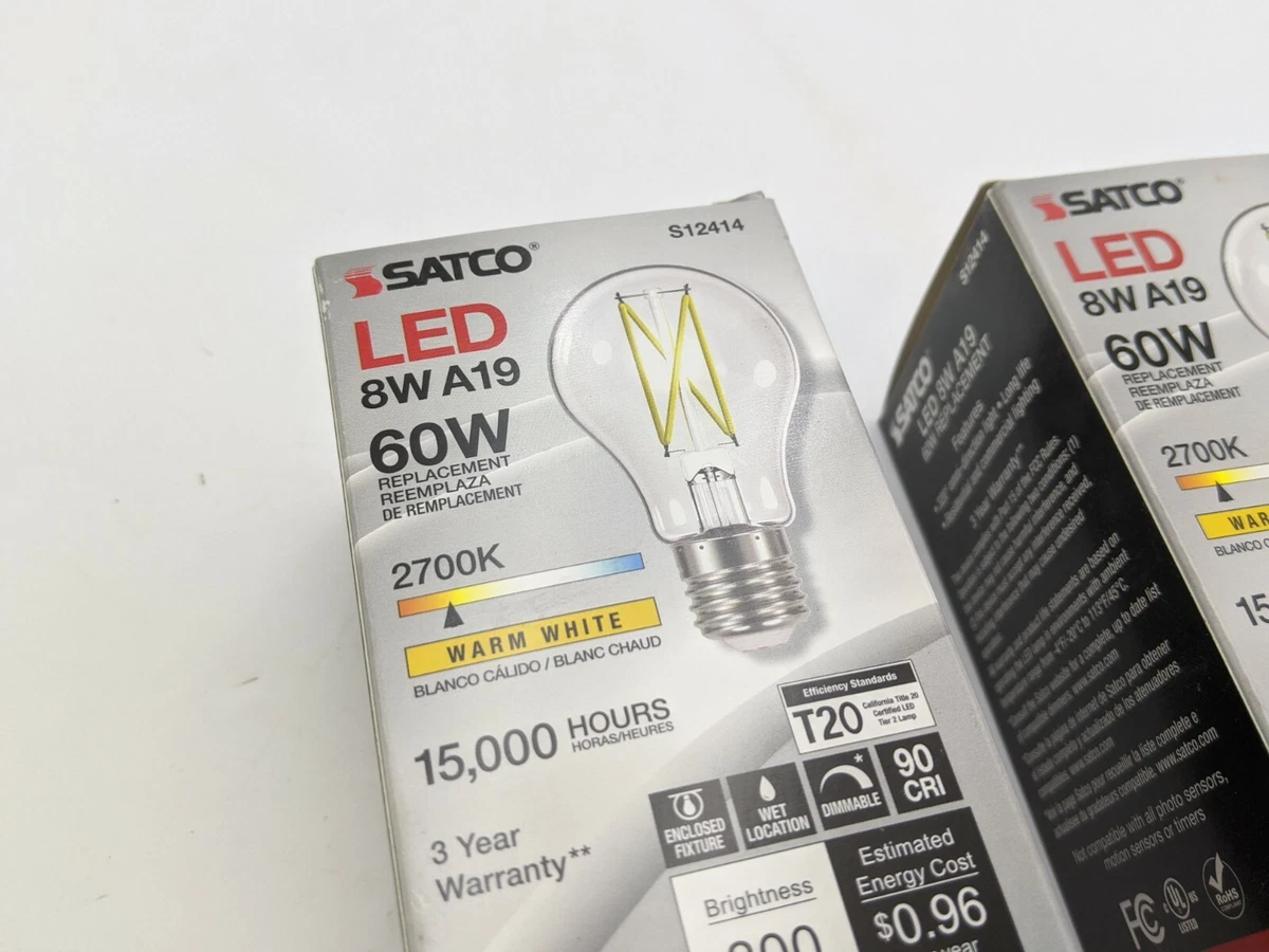 2PC Satco S12414 8W A19 60W Replacement Bulb LED Warm White Medium