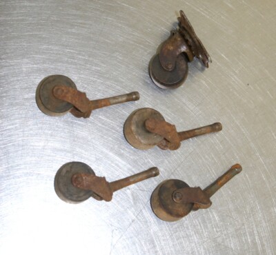 Set of four small WOODEN stem castors Wheels & 1 bolt on castor VINTAGE ANTIQUE