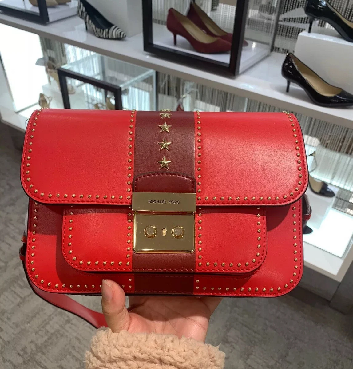 New Michael Kors Sloan Editor Shoulder bag leather gold star studded bright  red