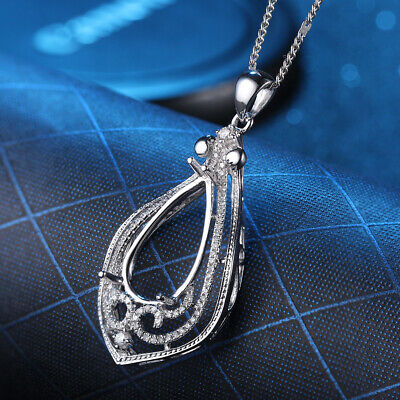 Sterling Silver 925 Fancy Diamond Pave Pear Shape Swirl Elegant Pendant Necklace