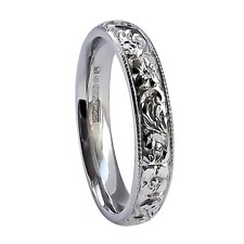 SALE 3mm 950 Platinum Hand Engraved Wedding Rings Flower & Scrolls Court HM 3.8g