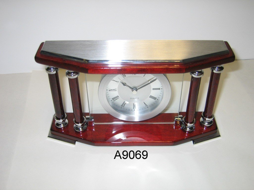 MANTEL CLOCK QUARTZ MOVEMENT STYLISH TABLE CLOCK WOOD METAL GLASS ROMAN NUMERALS