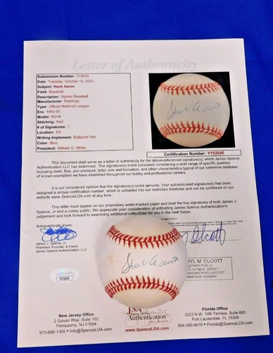 HANK AARON SINGLE SIGNED OFFICIAL MLB AUTOGRAPHED BASEBALL JSA LOA