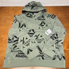 Reebok Hoodie Mens 2XL Green All Over Print Pullover Long Sleeve Sweatshirt Logo