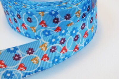 POLYESTERBAND: blau Blumenmuster Breite 25 mm Länge 100 cm (01)