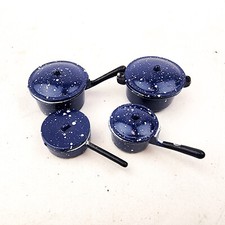Vintage Dollhouse Miniature Kitchen Cooware Pots Blue White Speckled Enamel Lot