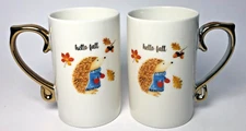 2 Harvest Green Studio Hedgehog Hello Fall Coffee Mugs Cups Gold Handles Cute