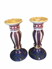 Lynn Morris Pottery Candle Holders 7” Flowers Polka Dots Granny Cottage Core