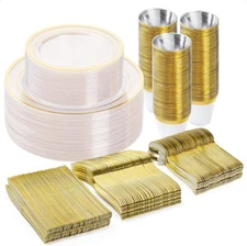 300PCS Plastic Dinnerware Set (50 Guests), Clear Gold 50 Guests, 