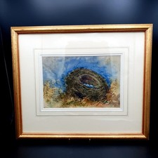 Original Watercolour Bird Nest with Blue Eggs Wildlife Nature Study Framed 40cm