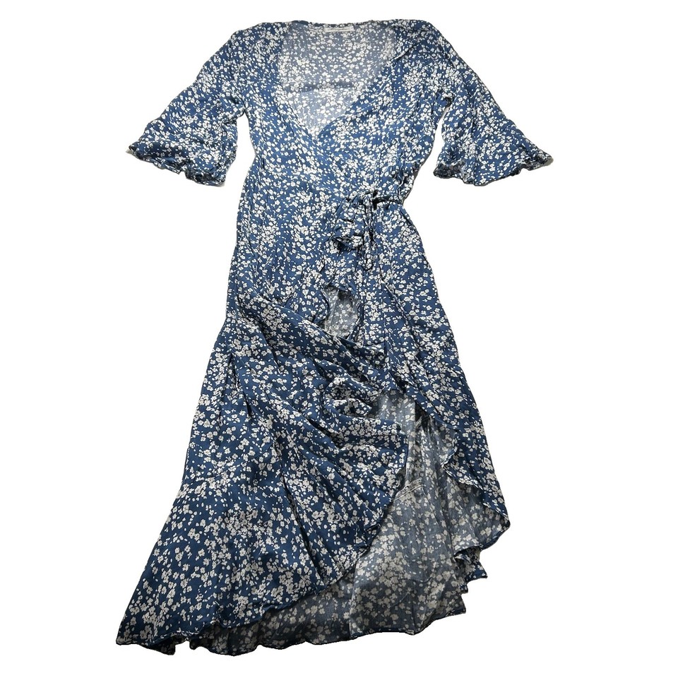 Hourglass Womens Blue White Floral Ditsy Wrap Flutter Sleeve Midi Dress S