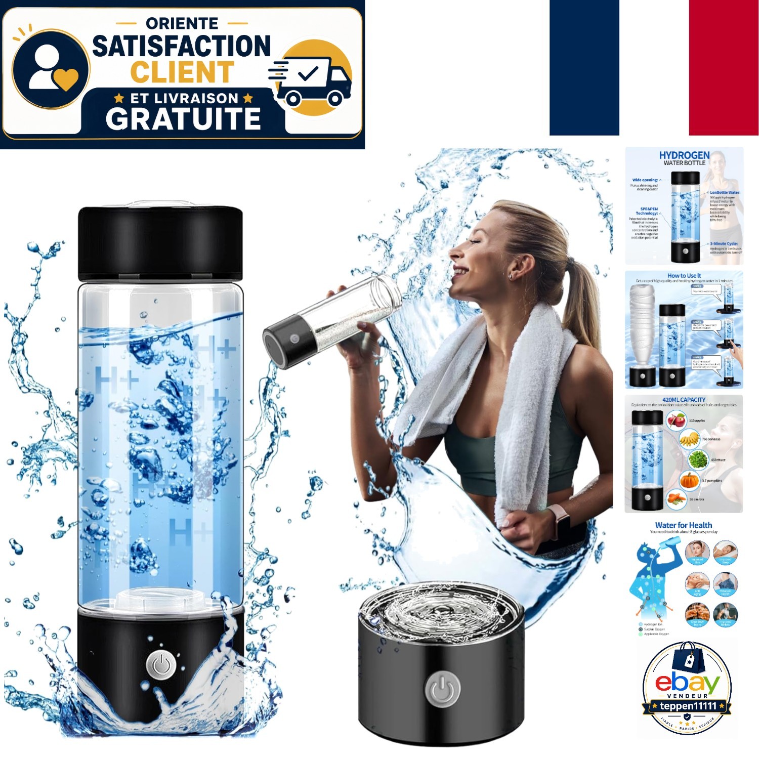 Générateur d'eau hydrogène portable 420ml contre la fatigue quotidienne