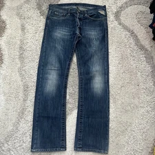 REPLAY Jeans Waitom Straight Mens 34x32 Blue Cotton Stretch Dark Wash