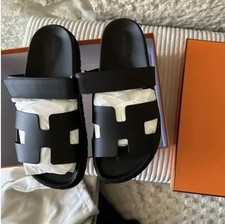 New in box Hermès Chypre Leather Slide Sandals in Noir Black Size 6 .5 US