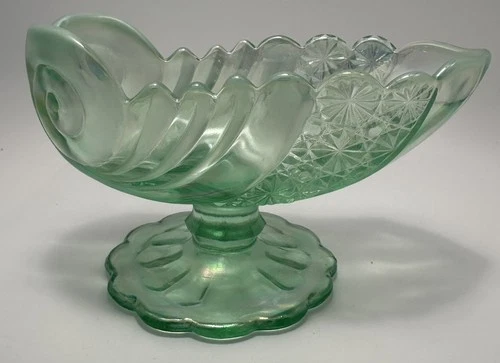 Vintage Fenton Glass Iridized Sea Mist Green Pedestal Footed Bowl Compote
