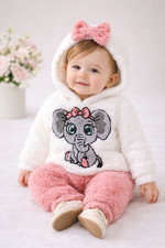 Baby Clothes 6-9M Fleece Elephant Hoodie Set Winter Warm Cute Pink