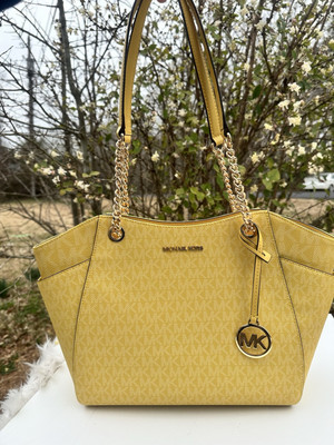Michael Kors Jet Set Chain Large Shoulder Tote Daisy Yellow Leather Mk Logo