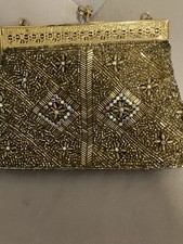 Vintage 1950s Gold Beaded Rhinestone Evening Clutch Purse Wedding Cocktail