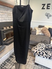 A New Day Black Satin Maxi Dress Strappy Sleeveless Ruched Size L