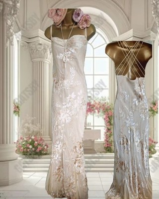 Monsoon Silk Cream Gold Y2k Devore 20s Deco Wedding Bride Evening Long Dress 16
