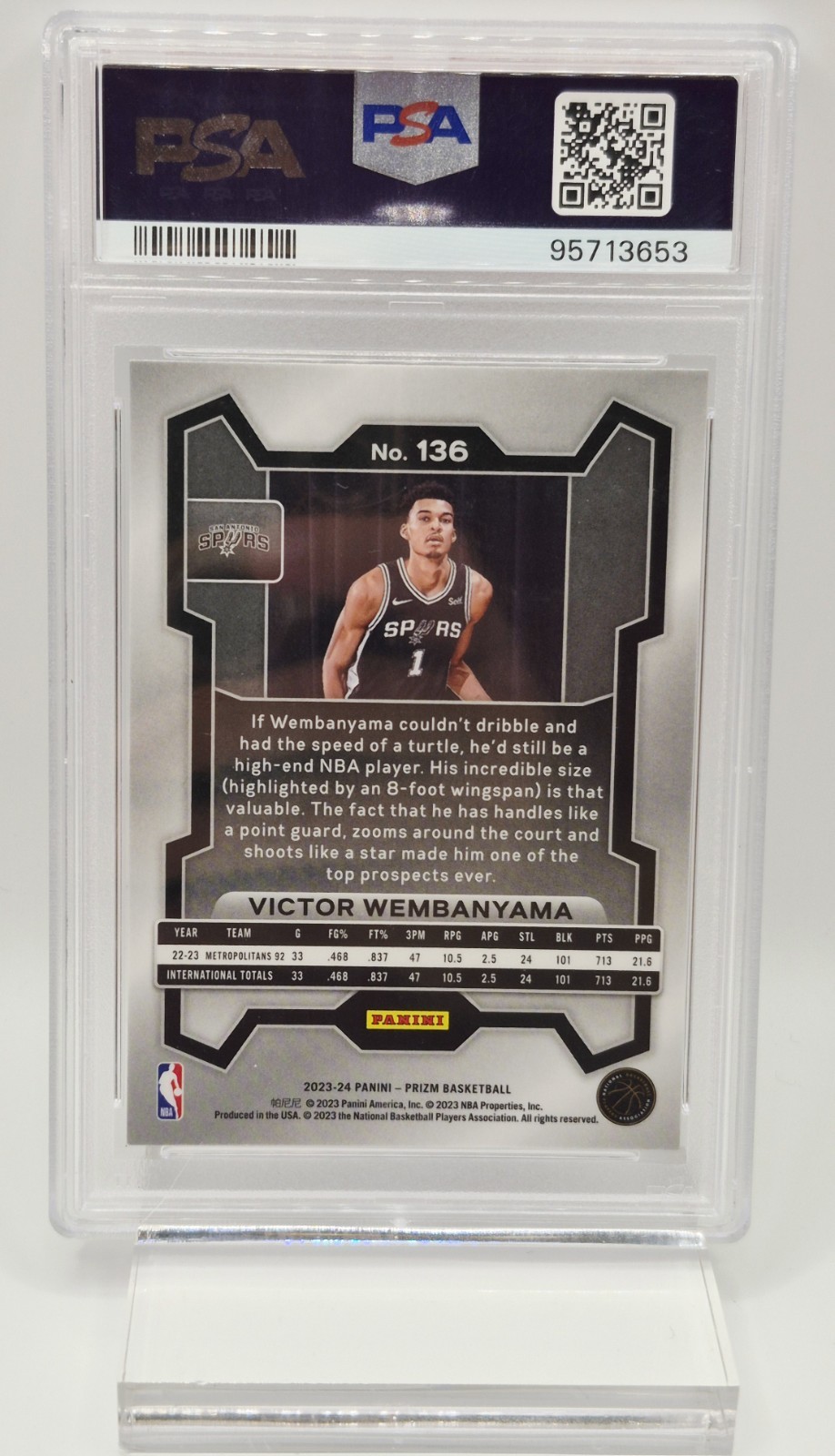 2023 Panini Prizm #136 Victor Wembanyama Base RC PSA 9 MINT Spurs Rookie view 2