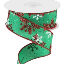Wired Christmas Ribbon for Wreaths Green Red Glitter Snowflakes 1.5" 10 yards