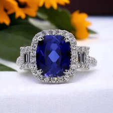 Cushion Cut Simulated Sapphire Women's Anniversary Ring In 14K White Gold Plated