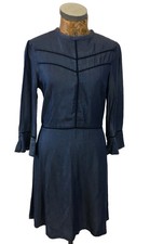 OASIS DRESS 10 BLUE Denim Look Lace Trim Flounce Sleeves Fit & Flare Shirt Boho