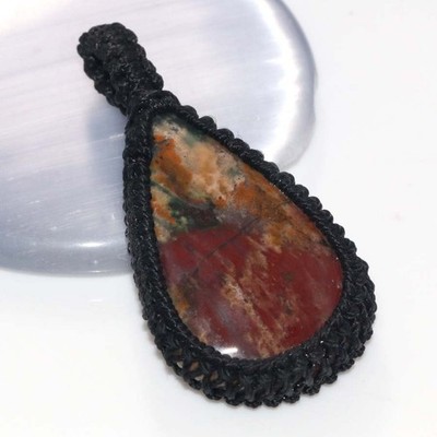 Macrame Thread Bloodstone Pendant 2'' Boho Festival Jewelry Most Beautiful JW