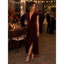 Misa LA Carolina Velvet Wrap Midi Dress sz: XS Burgundy Rope Tie Flutter Sleeve