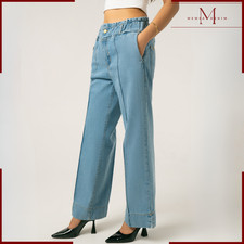 Womens Full Elastic Waist Jeans Ladies Straight Leg Regular Fit Denim Size 8-18