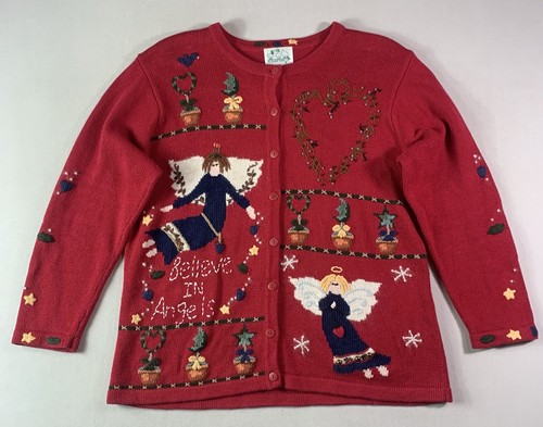 Quacker Factory Sweater Women Large Red Angel Christmas Embellished Button up