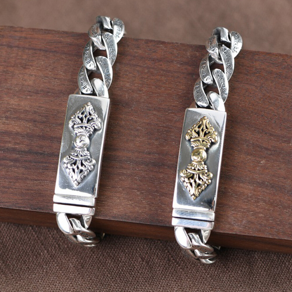 Solid 925 Sterling Silver Six-Word Sutra Curb Link Chain