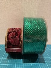 Lot Of 2 Christmas Ribbon: 60 Feet Green Metallic Mesh  25 Feet Burgundy Wire