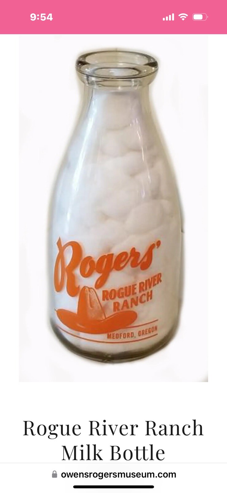 RARE (GINGER) ROGERS ROGUE RIVER RANCH ACL QUART MILK BOTTLE OREGON