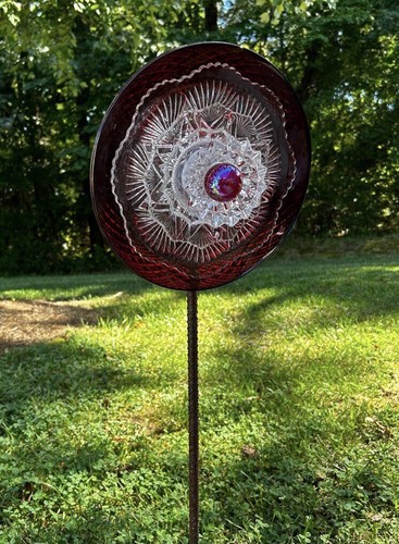 Ruby Red & Clear Diamond Glass Garden Flower Repurposed Suncatcher Yard Art - Picture 4 of 6